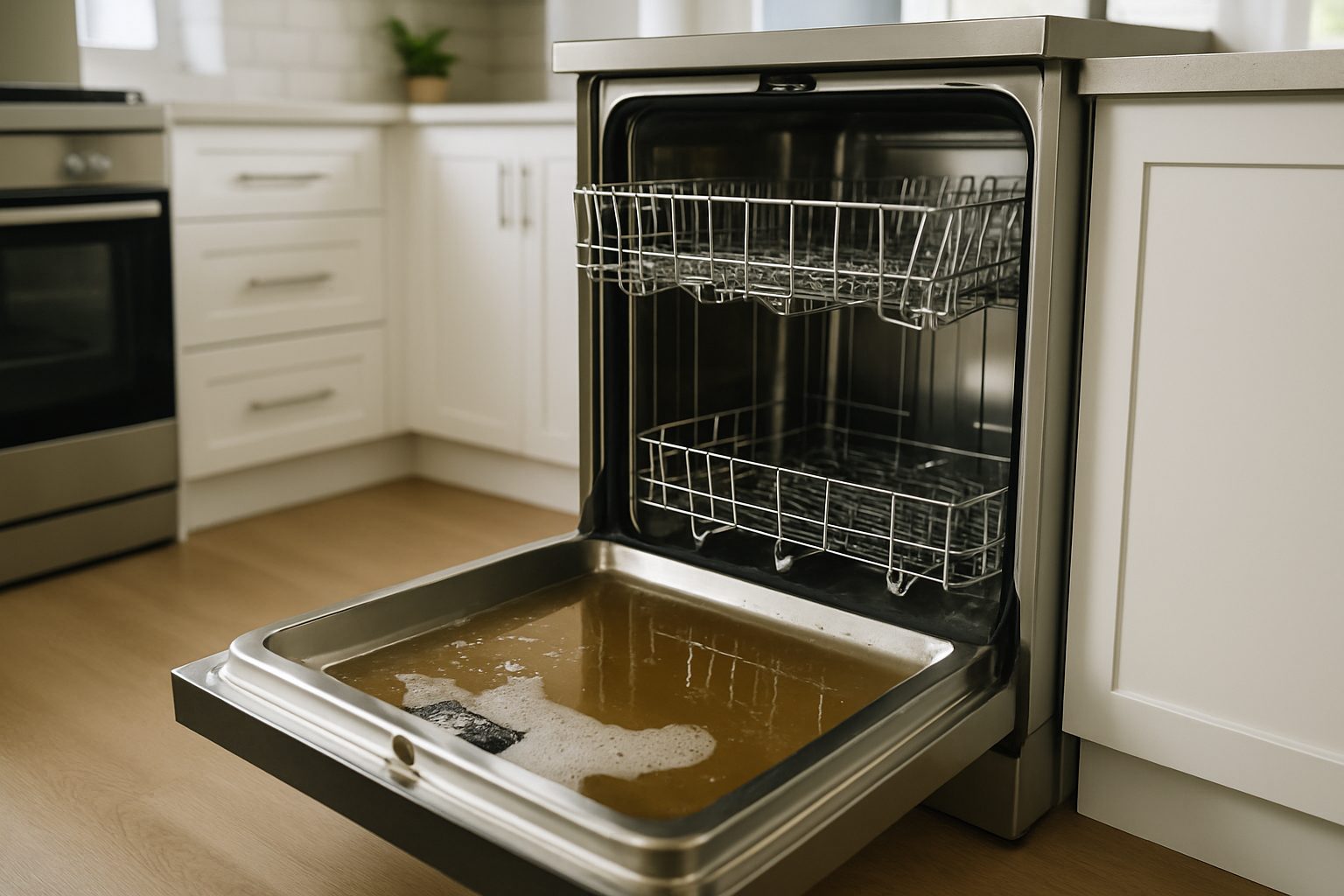 Standing water at the bottom of a stainless steel dishwasher that will not drain in an Arlington TX kitchen