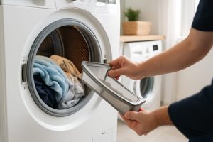 Technician checking the lint trap of a dryer that runs but is not heating in an Arlington TX laundry room